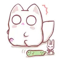 a cartoon drawing of a white cat eating a cucumber next to a stuffed rabbit