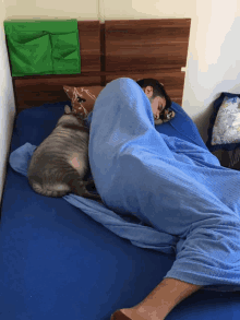 a man is sleeping on a bed with two cats laying on top of him