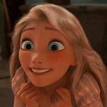 rapunzel from tangled is smiling and looking at the camera with her hands on her chin .