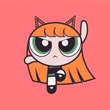 a cartoon drawing of a girl with orange hair and green eyes with the letter p on her chest