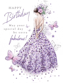 a birthday card with a lady in a purple dress