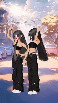 a couple of anime girls standing next to each other on a street