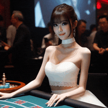 a woman in a white dress is playing roulette