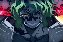 a close up of a demon slayer character with green hair and a mask on his face .