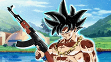 goku from dragon ball super is holding a gun in a field .