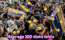 a crowd of people holding up boxes of uhd tvs with average 100 slots tests written below them