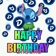 a colorful birthday card with stitch and the name shauna on it