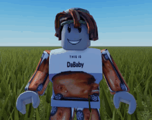 a roblox character with a shirt that says this is dababy