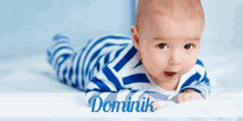 a baby in a blue and white striped outfit is laying on its stomach with the name dominik written below it