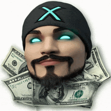 a man with a beard is surrounded by dollar bills and has a blue eye