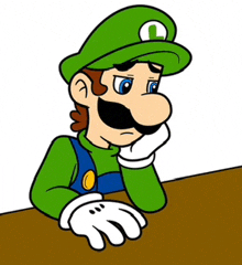 a cartoon of a man with a green hat and mustache sitting at a table .