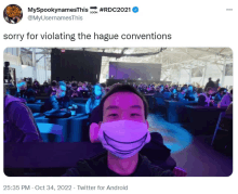 a tweet from myspookynamesthis shows a man wearing a mask at a convention