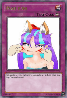 a picture of a girl with purple hair is on a card