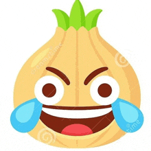 a cartoon onion with tears coming out of it 's eyes