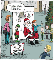 a cartoon shows a selfie with santa