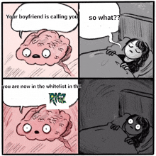 a cartoon of a brain talking to a woman laying in bed