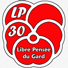 a red and white logo for lp 30 libre pensee du gard