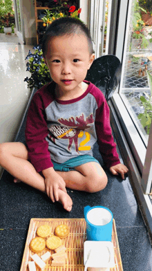 a young boy wearing a moose shirt with the number 2 on it sits on the floor