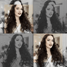 a woman with long curly hair is shown in a collage of four photos