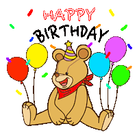 a teddy bear wearing a party hat and scarf is holding balloons and confetti .