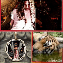 a collage of pictures of a man , a pendant , and a tiger