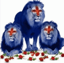 three blue lions with red crosses painted on their faces are standing next to roses .