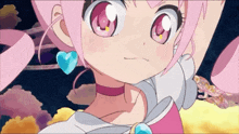 a close up of a girl with pink hair and a blue heart shaped earring