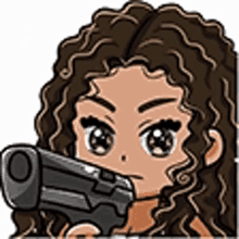 a cartoon girl with curly hair is holding a gun in her hand .