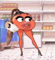 a cartoon character from the amazing world of gumball is standing in a store holding a cup of coffee .