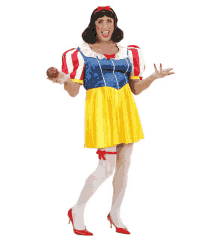 a man dressed in a snow white costume is holding an apple