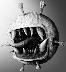 a black and white drawing of a monster with a mouth open