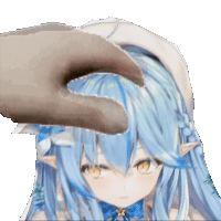 a hand is touching the head of a girl with blue hair and yellow eyes