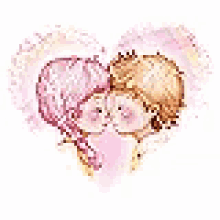 a boy and a girl kissing in a heart shaped frame .