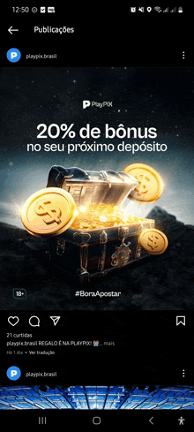 an advertisement for playpix brasil shows a chest filled with gold coins