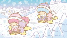 a cartoon of two little twin stars sledding down a snowy hill