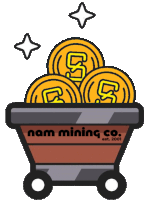 a cartoon drawing of a wagon full of gold coins says nam mining co