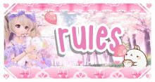 a pink banner with a doll and the word rules