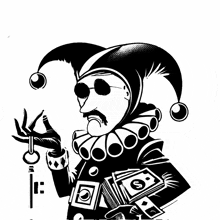 a black and white drawing of a joker holding a bunch of money