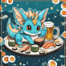 a cartoon drawing of a dragon eating sushi and drinking a beer