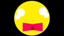 a yellow smiley face with a pink bow tie and white eyes