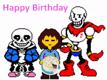 a pixel art of sans papyrus and frisk with a birthday cake