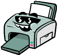 a cartoon drawing of a printer wearing sunglasses and a smiley face