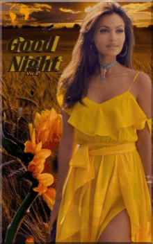 a picture of a woman in a yellow dress with the words good night vica on it