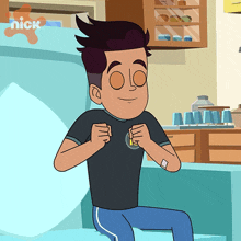 a cartoon of a man sitting on a couch with a nick logo on the corner