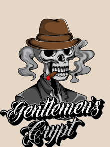 an illustration of a skeleton smoking a cigar and the words gentlemen 's crypt