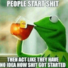 kermit the frog is holding a glass of orange juice and a cup of coffee .