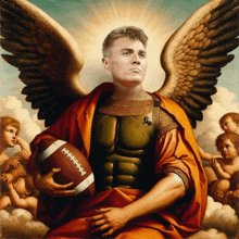 a painting of a man with wings holding a football that says ' nfl ' on it