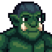 a pixel art drawing of a green goblin with large tusks and a hat on .