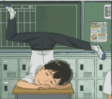 a cartoon of a boy doing a handstand while sleeping