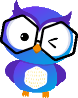 a blue owl wearing glasses with a lower left arrow pointing to the left